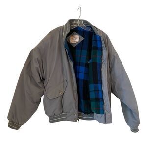 VTG Oakton Limited Plaid Fleece Lined Coat Men's Grey Bomber Style Medium STAINS
